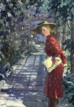 a painting of a woman in a red dress and hat standing on a path surrounded by trees