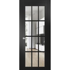 an open black door with glass panels on the inside and outside doors that lead into a living room