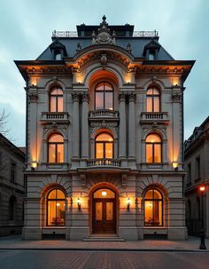 an old building lit up at night with lights on the front and windows in the middle