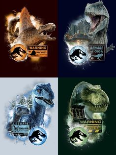 four different logos with dinosaurs on them