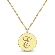 Pretty and personalized, this 10K yellow gold necklace features a disc inscribed with your initial in an elegant script font. The pendant suspends from an 18-inch rope chain that secures with a spring ring clasp. Initial Disc Necklace, Script Initial, Elegant Script Fonts, 14k Yellow Gold Necklace, Yellow Gold Necklace, Disc Necklace, Accessories Jewelry Necklace, Script Font, Rope Chain