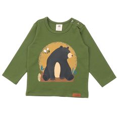 Walkiddy organic Long sleeve shirt- baby bear Casual Bear Design Crew Neck Top, Bear Pants, Cute Cotton T-shirt With Bear Design, Cotton Long Sleeve Sweatshirt With Bear Print, Cute Bear Print Crew Neck T-shirt, Light Green Background, White Crew Neck T-shirt With Bear Print, Placement Print, Bear T Shirt