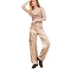 Nwt Name Satin Effect Cargo Pants Fabric 100% Polyester High-Waisted Pants With Belt Loops. Side Pockets, Back Welt Pockets, And Leg Flap Patch Pockets. Front Zip, Metal Hooks, And Interior Button Closure. Chic Parachute Pants For Fall, Fitted High-waisted Parachute Pants, Beige Cargo Pants For Fall, Chic High Waist Parachute Pants For Fall, Fitted Wide Leg Parachute Pants For Fall, Fitted Chic Parachute Pants For Fall, Fall Fitted Wide Leg Parachute Pants, Chic Fitted Parachute Pants For Fall, Fall Fitted Wide-leg Parachute Pants