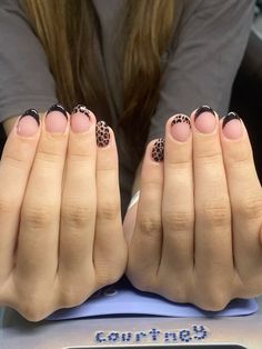 Fake Almond Nails, French With Leopard Nails, Simple Nail Ideas January, French Tip With Cheetah Print, Short Round Black French Tip Nails, Cute Short Nail Ideas For Summer, Gel Nails Ideas Non Acrylic Short, Basic Short Nails Simple, Cute Gel Nail Inspo Short