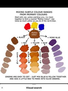 the color chart for different shades of paint, including red and blue with text that reads mixing