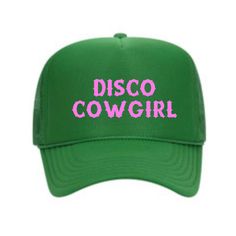 Custom embroidered Disco Cowgirl Trucker Hat Spring Snapback Hat With Letter Print, Trendy Winter Snapback Hat, Fun Spring Trucker Hat, Trendy Brimmed Trucker Hat With Letter Print, Trendy Green Trucker Hat, Trendy Green Baseball Cap For Spring, Spring Flat Brim Trucker Hat, Green Trucker Hat For Spring, Hip Hop Trucker Hat For Spring