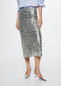 Sequin midi skirt - Women | Mango USA Sequin Skirt Outfit Dressy, Silver Sequin Skirt Outfit, Sequin Skirt Outfit, Silver Sequin Skirt, Midi Design, Sparkly Skirt, Skirt Styles, Sequin Midi Skirt, Silver Skirt