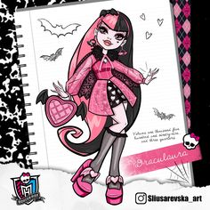 a drawing of a girl in pink and black