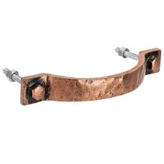 a pair of copper colored metal brackets with screws on each end and two nuts in the middle