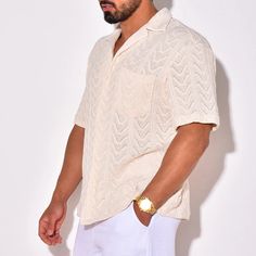 Summer Trendy Breathable Knit Mens Shirt Short Sleeve Lapel Buttoned Knitted Tops Beach Style Vintage Jacquard Crochet Knitwear SPECIFICATIONS Material: POLYESTER Shirts Type: Casual Shirts Sleeve Length(cm): short Applicable Season: summer Gender: MEN Item Type: SHIRTS Collar: Turn-down Collar Closure Type: Single Breasted Fabric Type: Broadcloth Shoulder (cm) Bust Size(cm) Length (cm) Sleeve (cm) Suggest Weight (kg) S 41 110 66 24 - M 43 114 68 25 - L 45 118 70 26 - XL 47 122 72 27 - XXL 49 12 Trending Clothes, Dirndl Outfit, Trendy Spring Outfits, Casual Knitwear, Bandeau Tops, 1920s Flapper Dress, Romper Suit, Short Playsuit, Knit Men