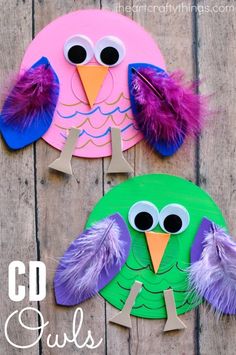 two paper plates with birds made out of construction paper and purple feathers on the top