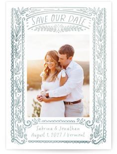 the save our date photo card features an ornate frame and is printed on white paper