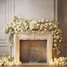 a fireplace decorated with flowers and candles