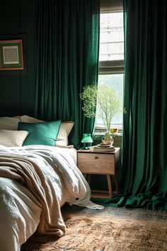 a bedroom with green curtains and a white bed in front of a window that has a potted plant on it