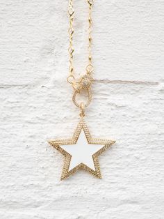 gold chain necklace with large white pave star pendant White Star-shaped Jewelry With Starfish Charm, White Star-shaped Jewelry With Adjustable Chain, Trendy White Charm Necklace With Lobster Clasp, White Star Charm Pendant Necklace, White Pendant Necklace With Star Charm, White Star Of David Charm Jewelry, Trendy White Star Necklace, Pave Necklace, Girl Necklace