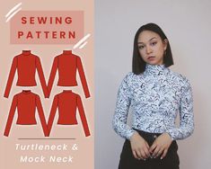 a woman standing in front of a wall wearing a shirt and black pants with the words sewing pattern turtleneck & mock neck