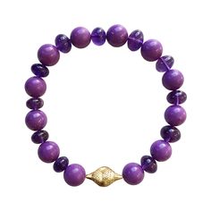 Amethyst and phosphosiderite stretch bracelet with 18k yellow gold small Crownwork® finial bead #armparty #bracelets #stretchbracelet #raygriffithscrownwork Gold Amethyst Jewelry With 8mm Beads, Luxury Purple Jewelry With Round Beads, Luxury Yellow Gold Amethyst Bracelets, Amethyst Yellow Gold Bracelets With Gemstones, Yellow Gold Amethyst Gemstone Bracelets, Yellow Gold Amethyst Bracelets With Gemstone, Yellow Gold Bracelets With Amethyst Gemstone, Elegant Hand-strung Amethyst Beaded Bracelets, Yellow Gold Amethyst Gemstone Beads Jewelry