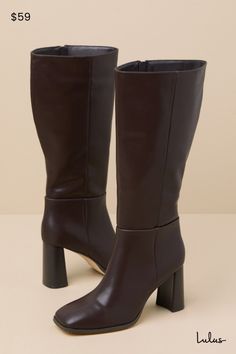 We're certain the Lulus Reelee Chocolate Square Toe Knee-High Boots are going to be huge this season! Sleek faux leather shapes these mega trendy boots that have a square toe upper and a classic knee-high shaft with a 15"" circumference. Seamed detail at the vamp adds a perfectly tailored touch while a flared block heel adds some height. 16"" zipper at instep. 3. 5" stacked block heel. Cushioned insole. Rubber sole has nonskid markings. All Man Made Materials. Imported. Lulus | Reelee Chocolate Square Toe Knee-High High Heel Boots. Boho Western Outfits, Western Vibes, Brown Boots Women, Chocolate Squares, Western Clothing, Trendy Boots, Square Toe Boots, Engagement Outfits, Heel Boots