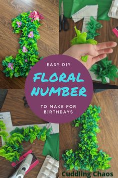 paper flowers are being made with scissors and other crafting supplies to make the flower number