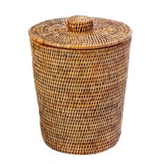 a round wicker basket with lid is shown in front of a white background,