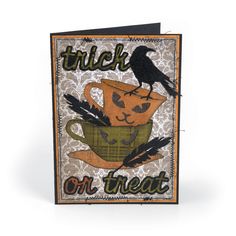 a card with a black bird sitting on top of a coffee cup and the words trick on it