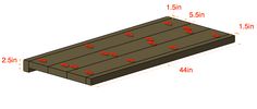 the diagram shows how to make a wooden bench with red dots on it and measurements