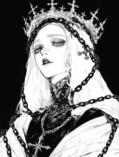 a black and white drawing of a woman wearing a crown with chains around her neck