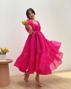 Puff Sleeves Gown Dress, Long Organza Dress, Modern Party Dresses For Women, Happy Birthday Dress For Women, Dramatic Pink Dress, Hot Pink Puff Sleeve Dress, Pink Chiffon Dress For Summer Banquet, A-line Puff Sleeve Dress With Ruffles For Party, Spring A-line Chiffon Prom Dress