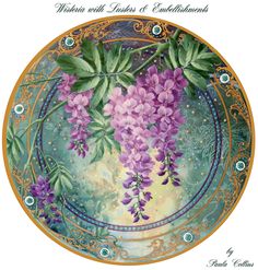 a plate with purple flowers painted on it