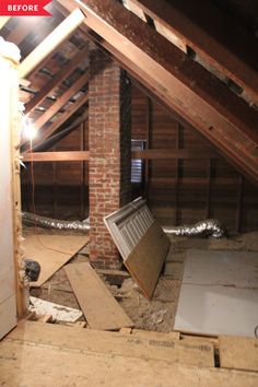 an attic with exposed walls and wood flooring in the process of remodeling