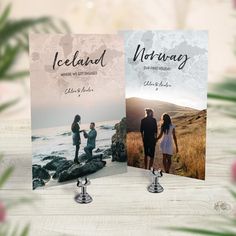 two cards with the words iceland on them and an image of people standing in front of water