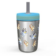 a stainless steel cup with blue lid and cartoon cats on it, sitting against a white background