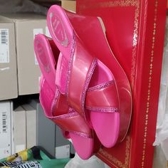 Nib Initially Priced At $1080 Rene Caovilla Sz 36 Fuchsia Sandals Luxury Pink Wedge Heel Sandals, Elegant Pink Wedge Sandals With Round Toe, Pink Wedge Sandals With Branded Heel, Luxury Platform Slip-on Heels, Luxury Pink High Heel Sandals, Glamorous Pink Sandals With Branded Heel Counter, Pink Slip-on Heels With Heel Strap, Elegant Pink Wedge Sandals For Parties, Luxury Pink Sandals With Heel Strap