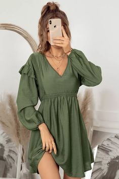 New High Waist V Neck A-Line Women's Casual Dress Solid Color Mini Dress For Fall Vacation, Khaki Knee-length Mini Dress For Spring, Casual Knee-length Khaki Dress, Casual Khaki Knee-length Dress, Fall Vacation Mini Dress In Solid Color, Khaki Mini Dress For Fall, Casual Khaki Dress For Vacation, Casual Khaki V-neck Dress, Khaki A-line Spring Dress