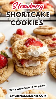 strawberry shortcake cookies with whipped cream and strawberries