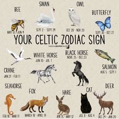 the zodiac sign for your zodiac sign is shown with animals and their names in english