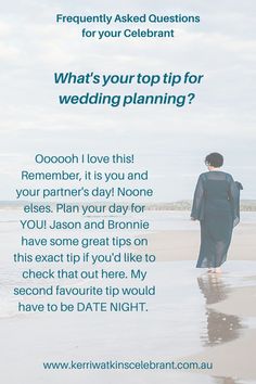 a man walking on the beach with his back to the camera and text overlaiding what's your top tip for wedding planning?