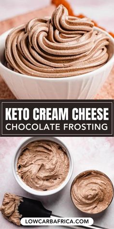 keto cream cheese chocolate frosting in a white bowl