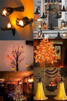 a collage of photos with pumpkins, candles and trees in them for halloween