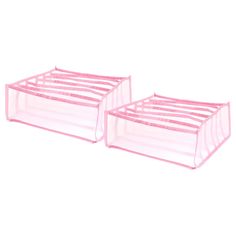 two pink baby cribs sitting next to each other on top of a white floor