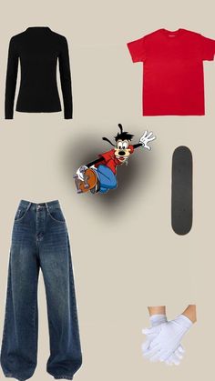 an assortment of clothing and accessories including a skateboard, t - shirt, jeans and gloves