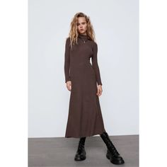 Nwt Zara Knit Dress Size S Brown Knit Winter Dress, Brown Ribbed Midi Dress For Winter, Winter Brown Ribbed Midi Dress, Brown Stretch Dresses For Winter, Winter Brown Maxi Dress, Fitted Brown Maxi Dress For Winter, Brown Knit Dresses For Fall, Brown Knit Midi Dress For Fall, Brown Midi Sweater Dress For Fall