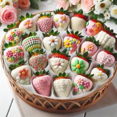 a basket filled with lots of decorated strawberries