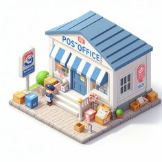 an illustration of a post office with a man standing outside