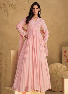 Shop Anarkali Gown - Blush Pink Handwork Embroidered Anarkali Gown Dress At Hatkay Buy Festive Indian Gown In Canada USA UK With Free International Shipping Worldwide. Floor Length Anarkali, Pink Anarkali, Georgette Anarkali, Gown With Dupatta, Embroidered Anarkali, Party Wear Gown, Anarkali Gown, Pink Gowns, Embroidered Wedding