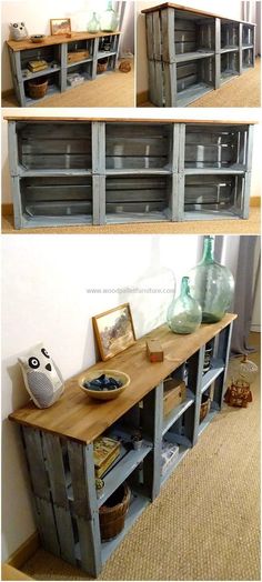 the sideboard is made out of pallet wood and has two shelves on each side