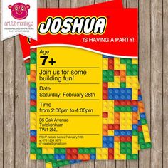 this is an image of a lego birthday party card with the name joshua on it