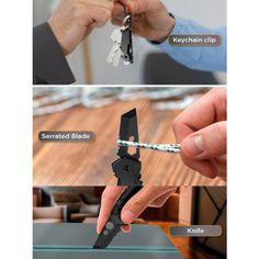 two pictures showing different types of keys being held by someone's hand and holding the keys