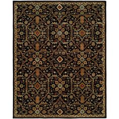 a black and gold rug with an ornate design