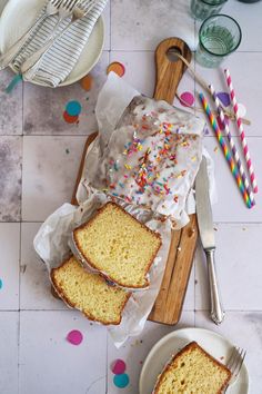 two slices of pound cake with sprinkles on top and one slice cut in half